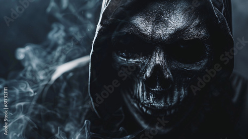 Creepy skeleton in a dark hood. A menacing skeleton wearing a dark hood, with glowing eyes and a sinister expression, emerging from the shadows and creating a spooky atmosphere..