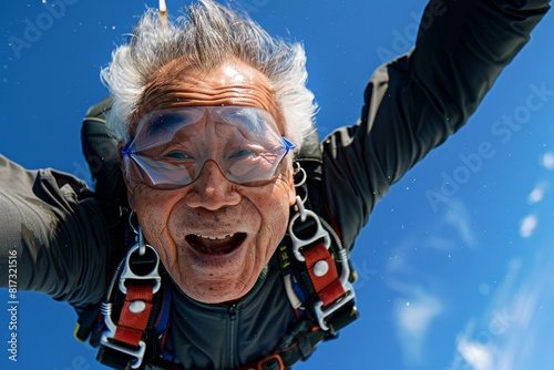 An exhilarating image of a skydiver in mid-air, face blurred, with a clear blue sky backdrop