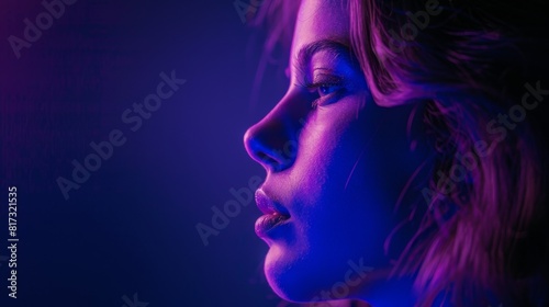 An abstract composition with a blurred face on the right and a dark blue gradient occupying the remaining space