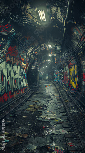 Visualize a graffiti-covered abandoned subway tunnel showcasing street art murals of rebel androids rising against a polluted skyline in a CG 3D model