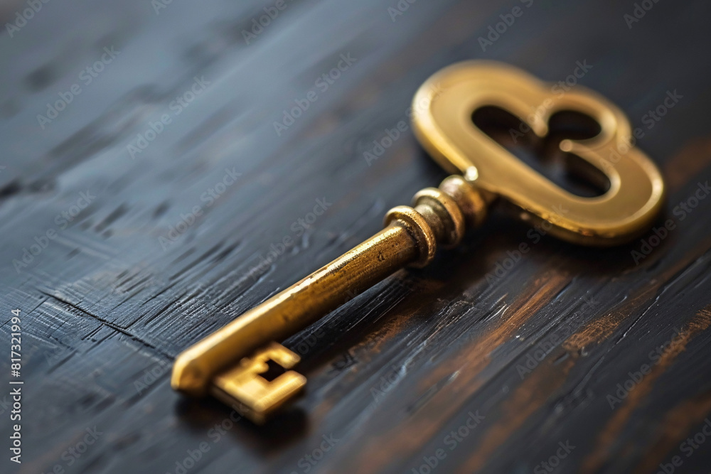 Gold antique key with heart-shaped bow lying on a dark wooden surface, emphasizing elegance and vintage charm Gold antique key with heart-shaped bow lying on a dark wooden surface, emphasizing elegance and vintage charm