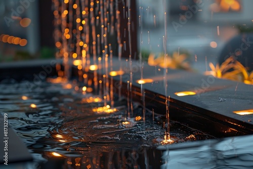 A serene image capturing illuminated water jets from a fountain at dusk  with a bokeh backdrop of foliage and lights