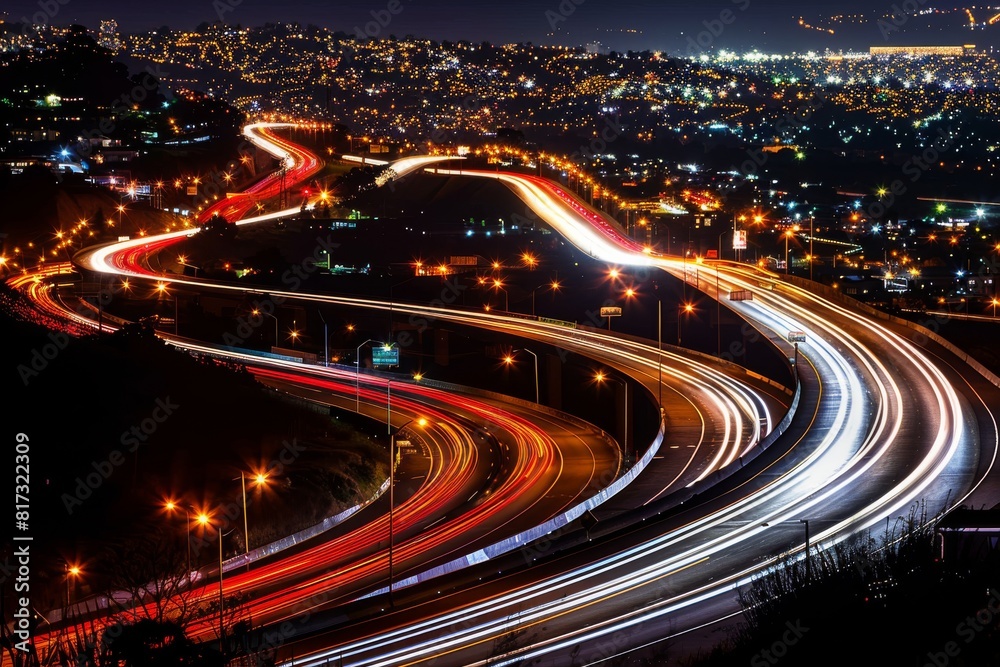 The image shows active highways at night with light trails from vehicles, highlighting the dynamic nature of city life The image shows active highways at night with light trails from vehicles, highlighting the dynamic nature of city life