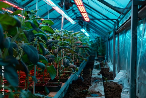 Young plants growing in a high-tech greenhouse with blue and red LED grow lights enhancing growth