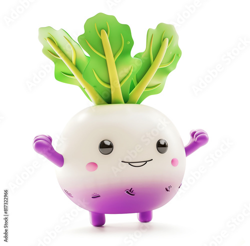 Cute cartoon turnip with a smiling face and leafy greens on a white background © ChaoticDesignStudio