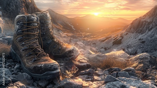Hiking shoes on a rocky mountain path at sunrise, ultra-detailed, capturing the worn texture and surroundings realistic