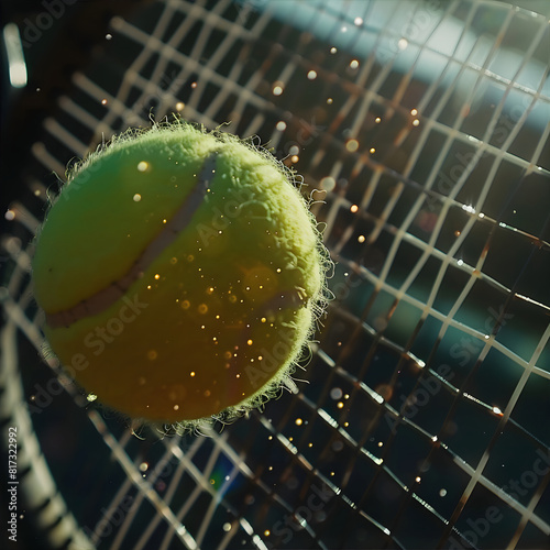 Tennis ball and racket. A close-up of a tennis ball and a blurred player in the background. Playing tennis on a tennis court photo