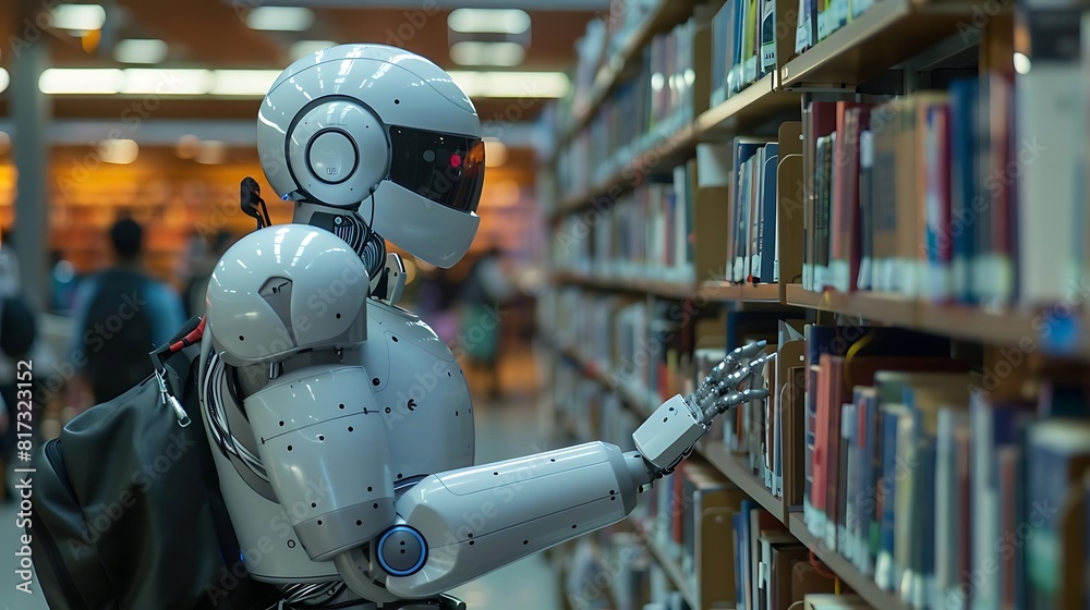 Robot looking for a book in the library Robot looking for a book in the library