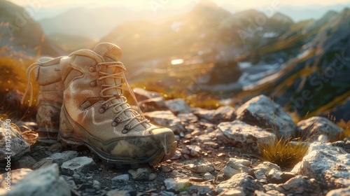 Hiking shoes on a rocky mountain path at sunrise, ultra-detailed, capturing the worn texture and surroundings realistic