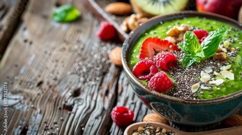 a superfood-packed green smoothie bowl garnished with chia seeds  nuts  and fruits displayed on a rustic wooden table showcases enhanced nutrition benefits