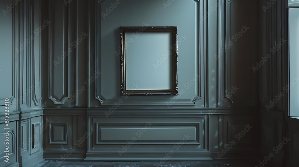The image is a 3D rendering of a dark, empty room with a single frame on the wall The image is a 3D rendering of a dark, empty room with a single frame on the wall