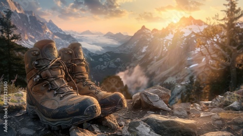Hiking shoes on a rocky mountain path at sunrise, ultra-detailed, capturing the worn texture and surroundings realistic photo