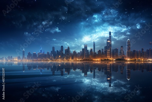 City Night Lights Reflected in Water