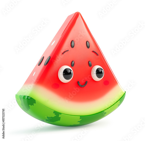 Cute cartoon watermelon slice with a smiling face on a white background © ChaoticDesignStudio