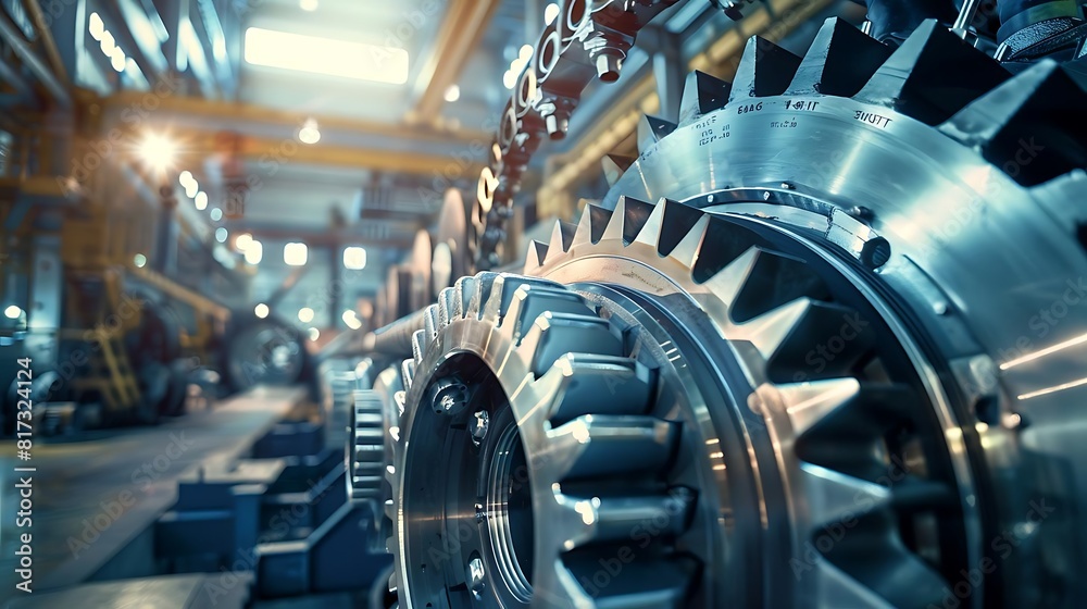 Fototapeta premium The photo shows a close-up of a large, complex machine with many metal gears and other components.