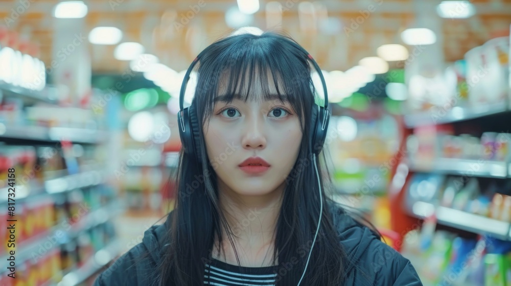 A woman wearing headphones in a store. AI. A woman wearing headphones in a store. AI.