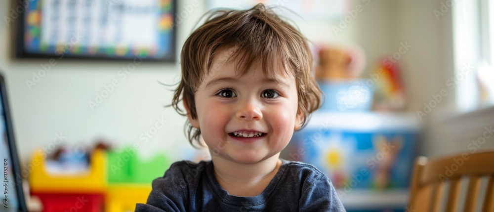 A young boy smiling while sitting on a table with food. AI. A young boy smiling while sitting on a table with food. AI.