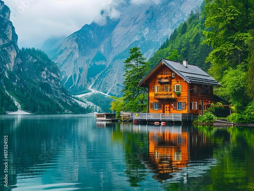 A wooden house sits on the shore of a lake.