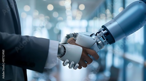 The photo shows a human and a robot shaking hands. The photo is about the future of work and the relationship between humans and robots.