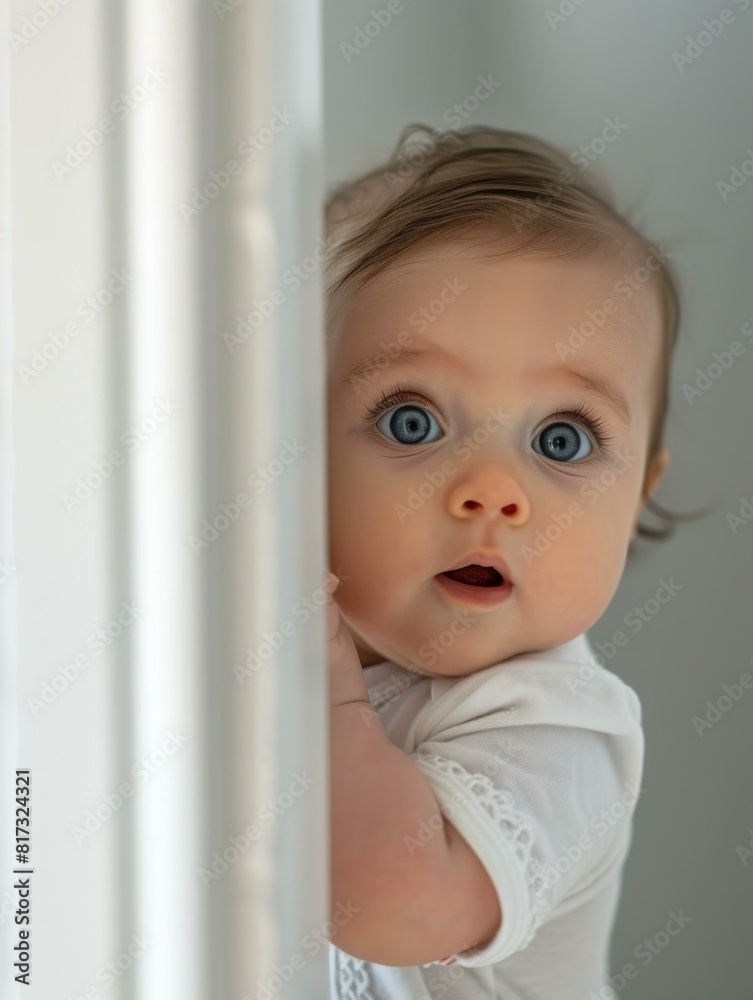 A baby with blue eyes peeking out of a door. AI. A baby with blue eyes peeking out of a door. AI.