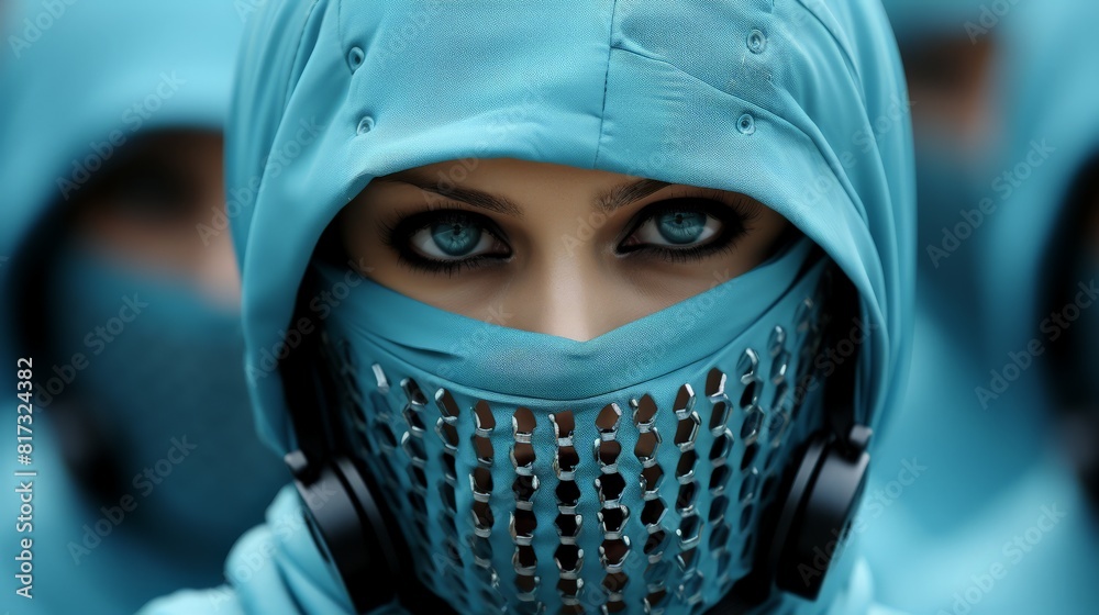 Futuristic Blue Hoodie Woman with Metal Mesh Mask and Headphones Futuristic Blue Hoodie Woman with Metal Mesh Mask and Headphones