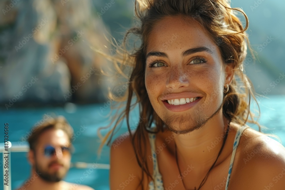 A woman smiling while sitting on a boat with another man. AI. A woman smiling while sitting on a boat with another man. AI.