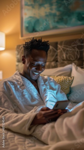 A man in a robe sitting on the bed looking at his phone. AI.