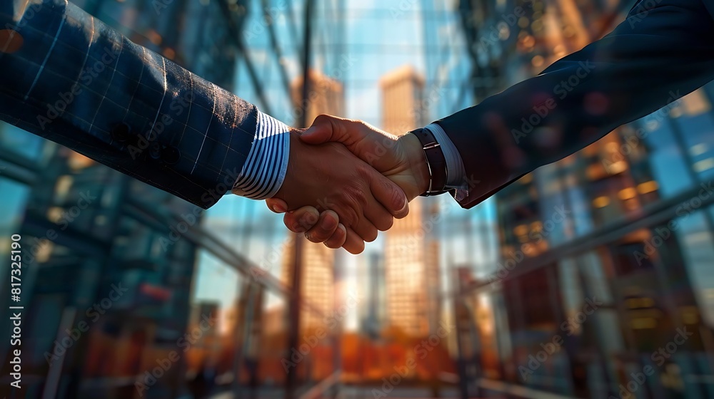 Two business people shaking hands in front of modern office building. Two business people shaking hands in front of modern office building.
