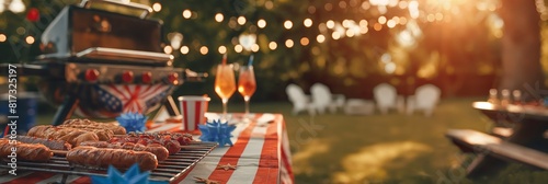 A festive barbecue setup with American flags indicating a celebration, likely a patriotic holiday like Fourth of July photo