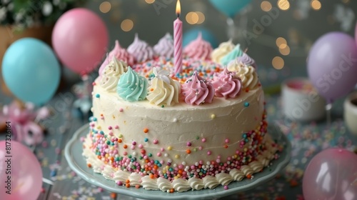 Confetti and balloons surround a colorful birthday cake with a number 2 candle