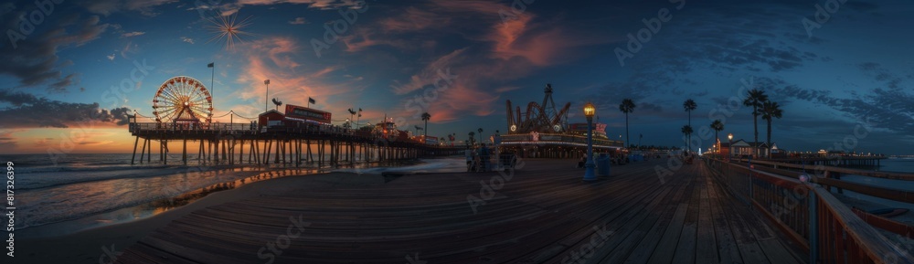 Fototapeta premium A pier with ferris wheel and a sunset in the background. Generative AI.