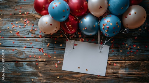 An ecru background with balloons, confetti and blank white card