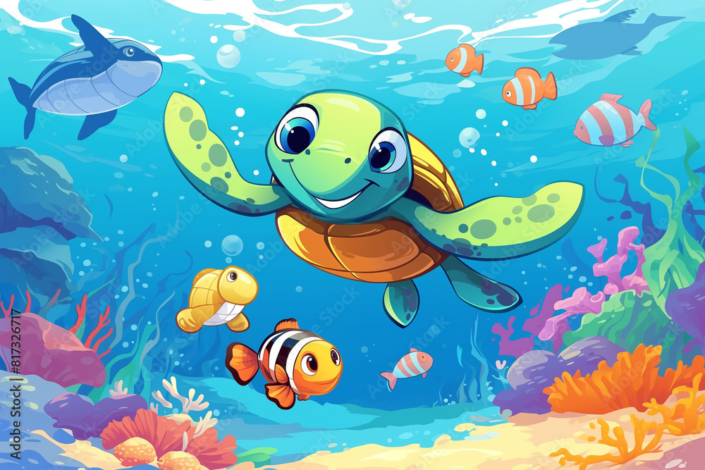 Cartoon Turtle Swimming With Fish and Corals Cartoon Turtle Swimming With Fish and Corals
