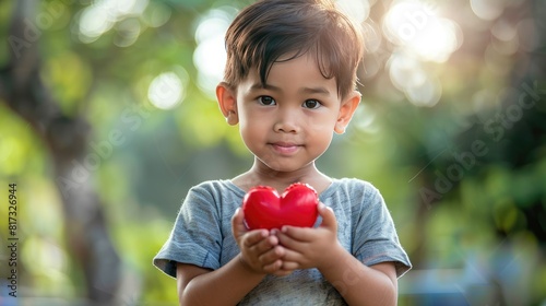 Little boy holding red heart in hands. Love, help, social responsibility, donation, charity, volunteering, gratitude, appreciate, world heart day, giving Tuesday concept
