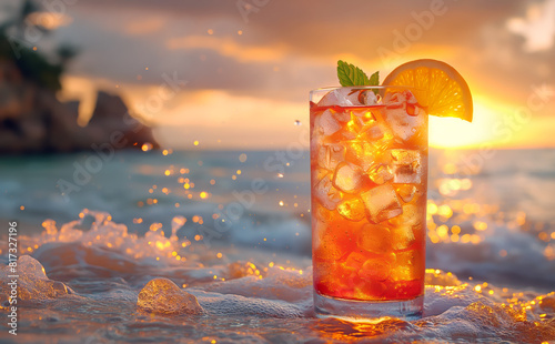 Iced tea in a glass on sunny beach at sunset with splashes of waves