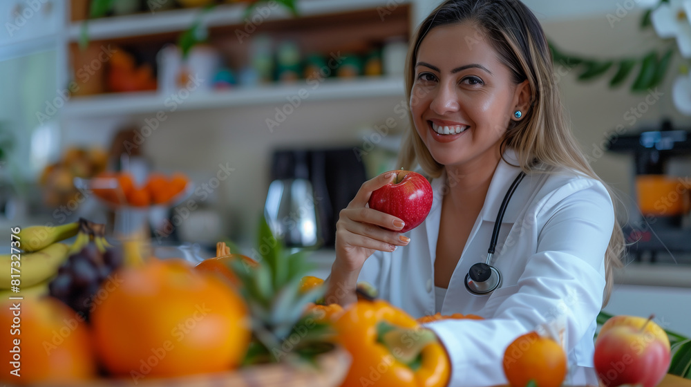 A beautiful mexican female nutritionist with a white coat, smiling and holding an orange in her hand while sitting at her desktop surrounded by fruits. A beautiful mexican female nutritionist with a white coat, smiling and holding an orange in her hand while sitting at her desktop surrounded by fruits.