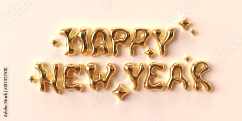 Happy New Year horizontal banner. Poster with New Year golden lettering. 3d render. Y2K style 3d liquid font. Letters with molten metal effect. Text with gold metallic surface with reflections