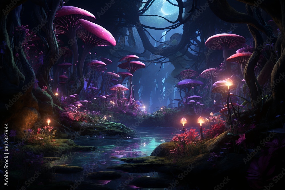 Mushroom-Filled Forest Illuminated at Night Mushroom-Filled Forest Illuminated at Night