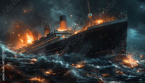 Capture a dramatic rear view perspective of the sinking Titanic in a digital artwork, highlighting the heroic efforts of the crew Use intricate details to evoke the tragedy vividly