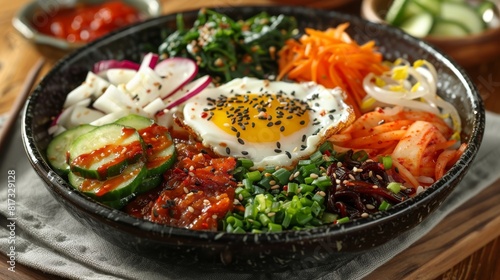 traditional korean bibimbap a vibrant bowl of mixed vegetables, topped with a gooey egg and spicy gochujang sauce, showcasing colorful and savory flavors