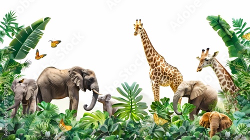 jungle frame animals, illustration African safari animals in tropical leaves, Cartoon