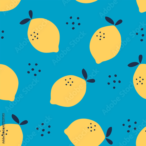 Summer background with lemons. Citrus fruits seamless pattern. Vector illustration. It can be used for wallpapers, wrapping, cards, patterns for clothes and others. © Evalinda