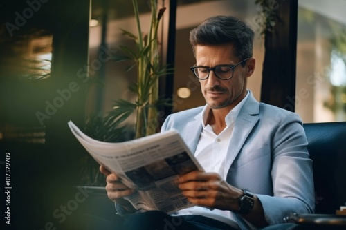 businessman sitting in coffee shop, reading newspaper, drinking coffee