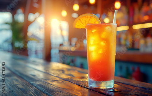 Tequila sunrise cocktail served on a wooden bar counter during sunset, with with copy space