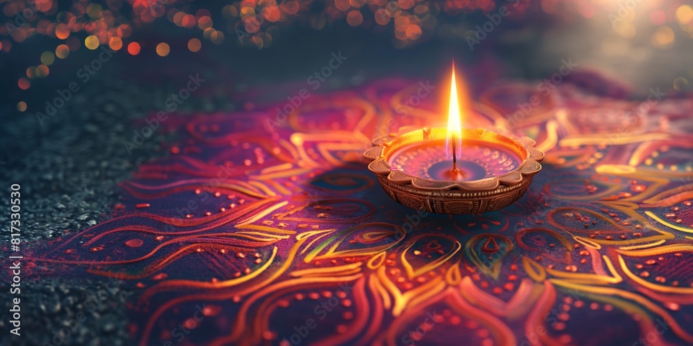 A traditional Diya oil lamp lit brightly on a vibrant and detailed patterned background, symbolizing Diwali, the festival of lights A traditional Diya oil lamp lit brightly on a vibrant and detailed patterned background, symbolizing Diwali, the festival of lights