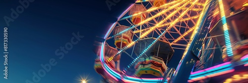 Dazzling lights adorn a ferris wheel against a twilight sky, giving a sense of amusement and nightlife photo