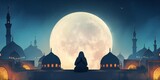 A contemplative silhouette kneeling before a majestic full moon in an exotic, Eastern-inspired cityscape