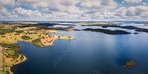 Panoramic aerial view of Guadiana river reservoir in Monsaraz, Alentejo, Portugal