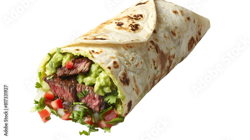  A savory carne asada burrito stuffed with juicy grilled steak, guacamole, and salsa, wrapped tightly, transparent background