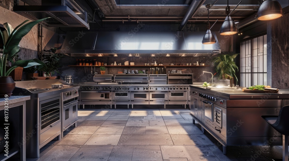 Industrial kitchen. Restaurant modern kitchen. large commercial kitchen with ovens realistic